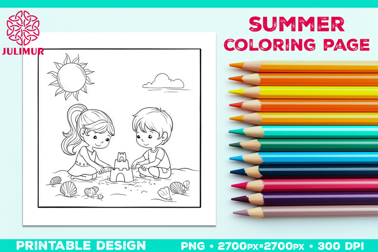 Summer Beach Kids Coloring Page, Activity Sheet for Children