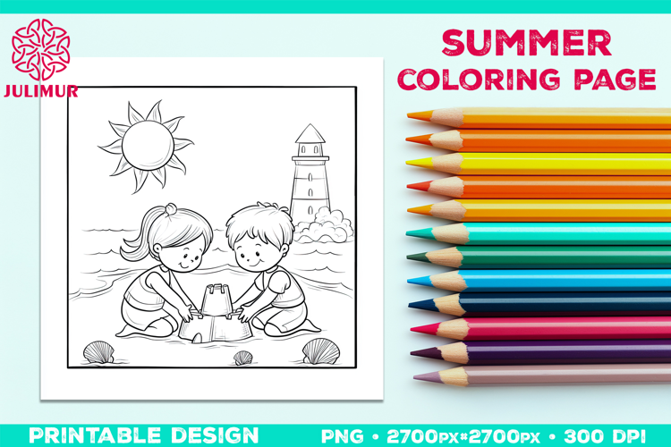 Summer Beach Kids Coloring Page, Activity Sheet for Children