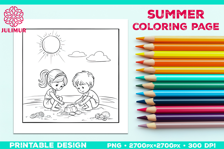 Summer Beach Kids Coloring Page, Activity Sheet for Children