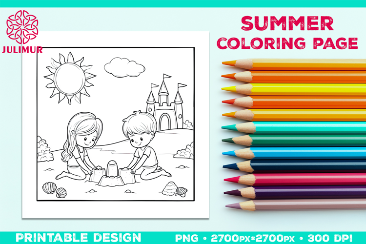 Summer Beach Kids Coloring Page, Activity Sheet for Children