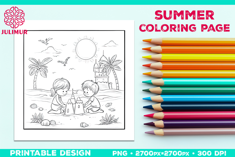Summer Beach Kids Coloring Page, Activity Sheet for Children