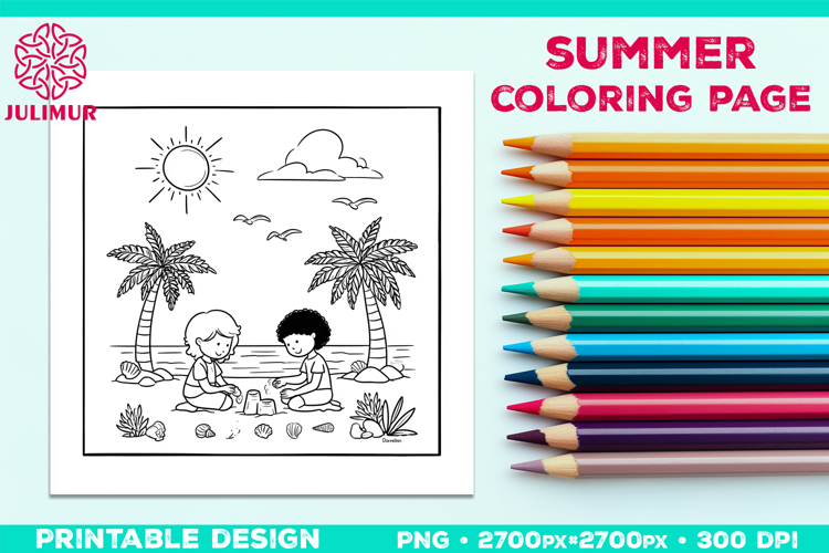 Summer Beach Kids Coloring Page, Activity Sheet for Children