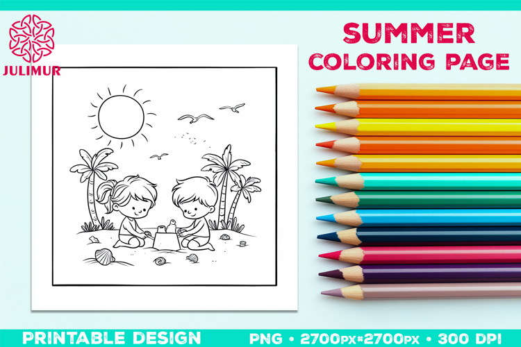 Summer Beach Kids Coloring Page, Activity Sheet for Children