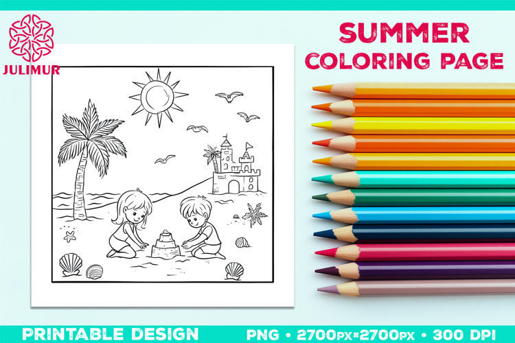 Summer Beach Kids Coloring Page, Activity Sheet for Children