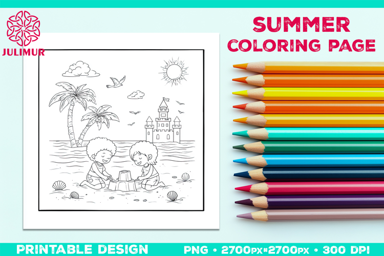 Summer Beach Kids Coloring Page, Activity Sheet for Children