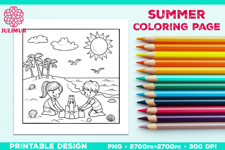 Summer Beach Kids Coloring Page, Activity Sheet for Children