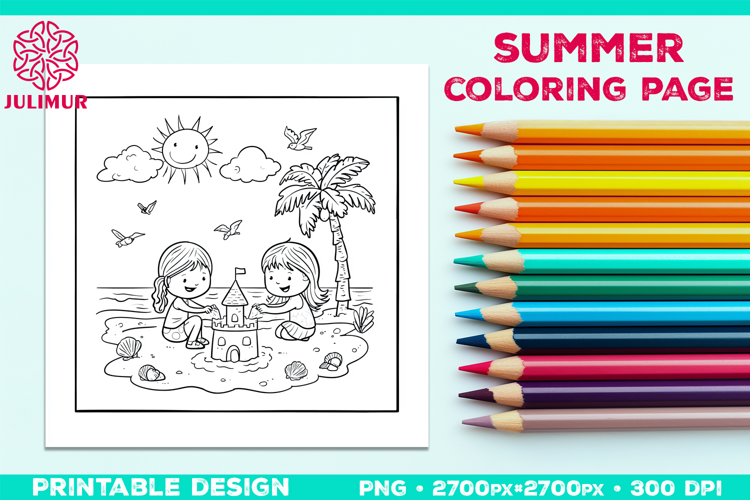 Summer Beach Kids Coloring Page, Activity Sheet for Children