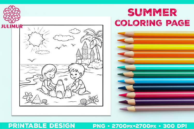 Summer Beach Kids Coloring Page, Activity Sheet for Children