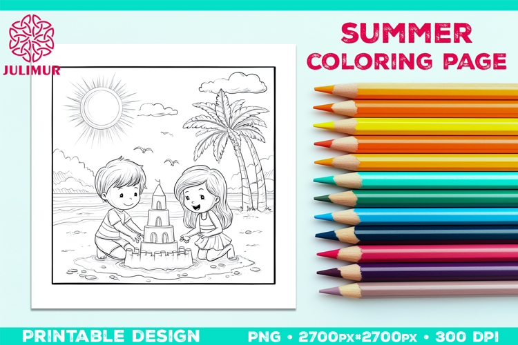 Summer Beach Kids Coloring Page, Activity Sheet for Children