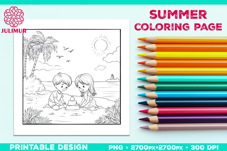 Summer Beach Kids Coloring Page, Activity Sheet for Children