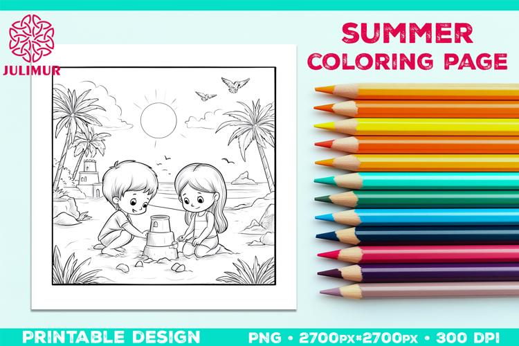 Summer Beach Kids Coloring Page, Activity Sheet for Children
