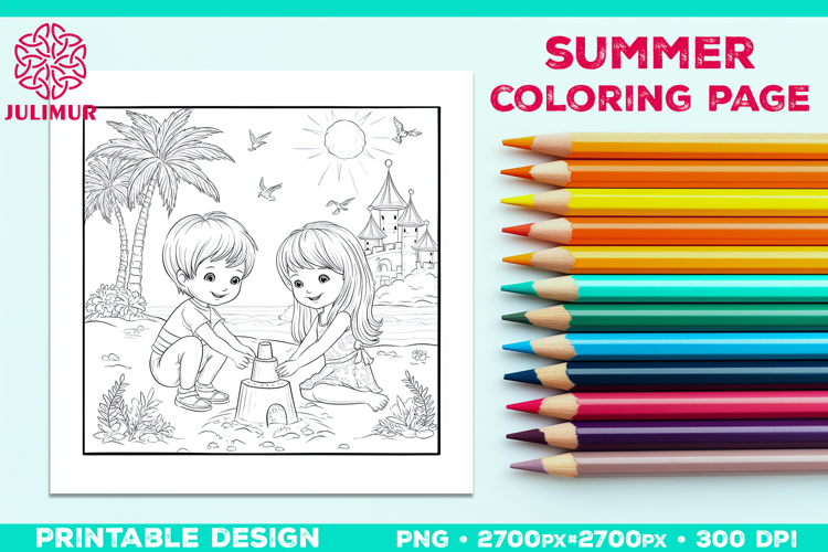 Summer Beach Kids Coloring Page, Activity Sheet for Children