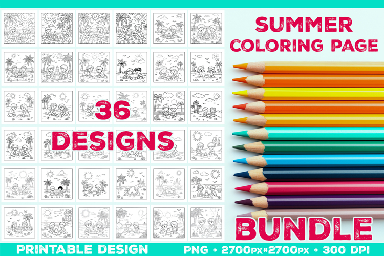 Bundle of Summer Beach Kids Coloring Page