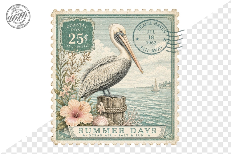 Summer Days Pelican Coastal Postage Stamp PNG Design