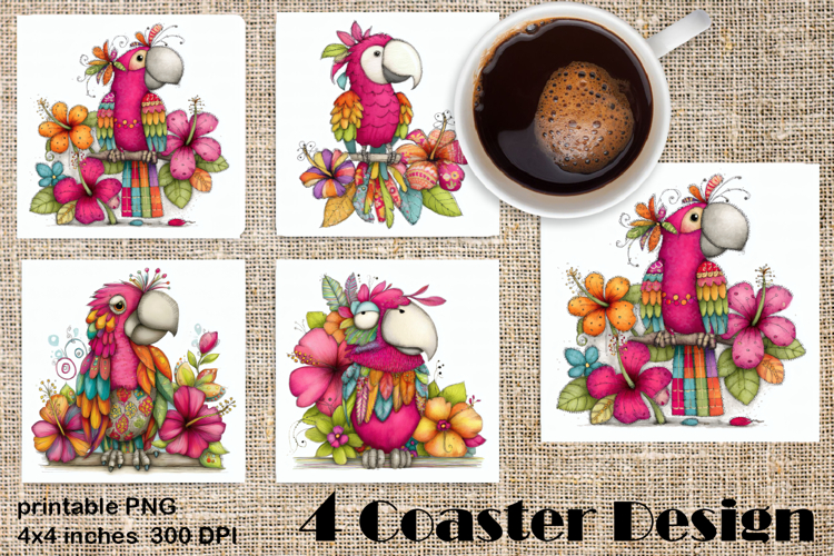 Summer watercolor funny animal - parrot square coaster