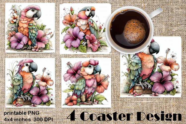 Summer watercolor funny animal - parrot square coaster