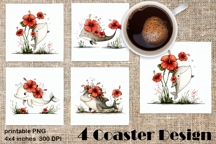 Summer watercolor funny animal - dolphin square coaster