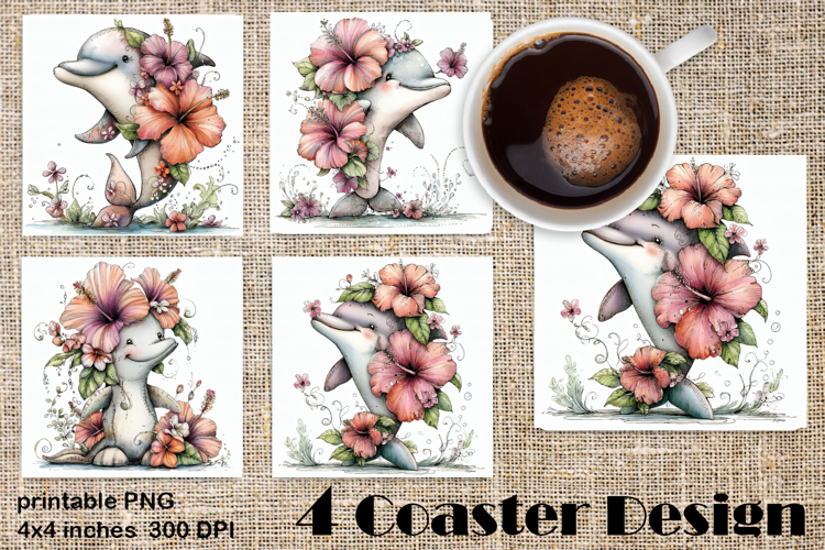 Summer watercolor funny animal - dolphin square coaster