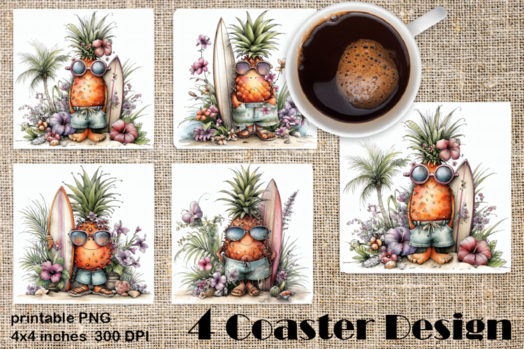 Summer watercolor funny pineapple square coaster