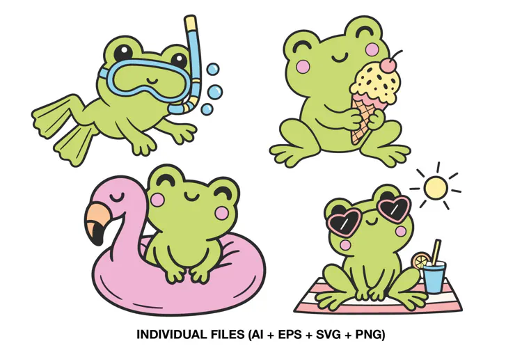 Summer Frog Clipart, Cute Beach Frog Illustrations