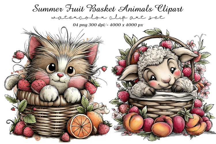 Summer Fruit Basket Animals Clipart example image 1