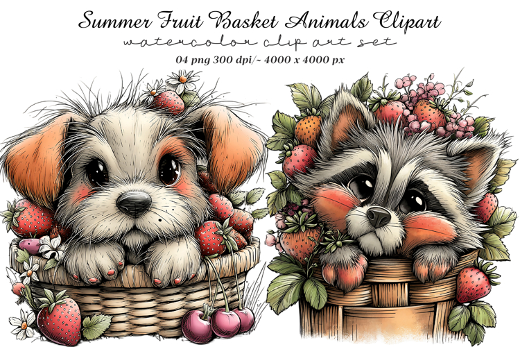 Summer Fruit Basket Animals Clipart example image 1
