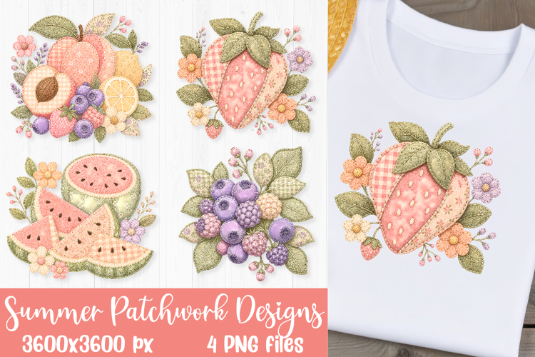 Summer fruit patchwork designs with mixed fruit arrangement, strawberry heart, watermelon slice, and berry bouquet designs for sublimation and DTF printing