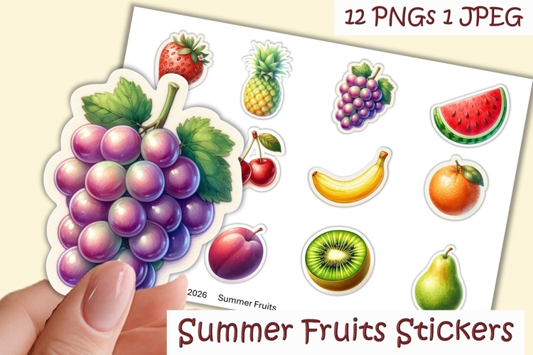 12 cute Summer Fruit Stickers PNG