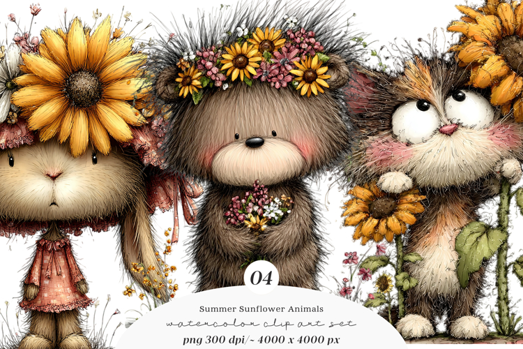 Summer Funny Sunflower Animals Clipart