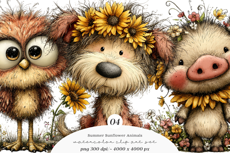 Summer Funny Sunflower Animals Clipart