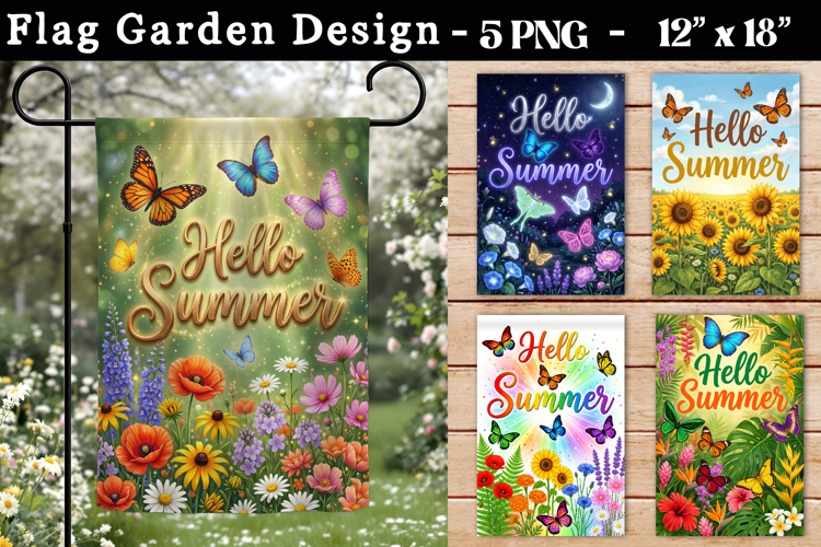 Summer Garden Flag Design, Colorful Butterfly Flowers PNG