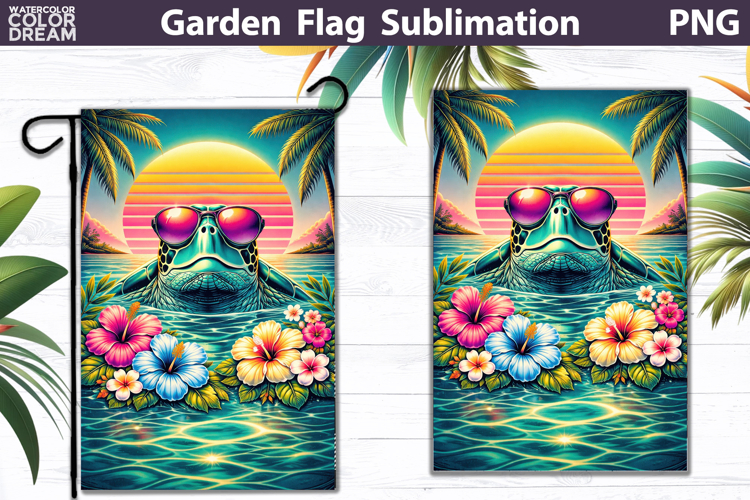 Sea Turtle Garden Flag | Tropical Floral Sunset