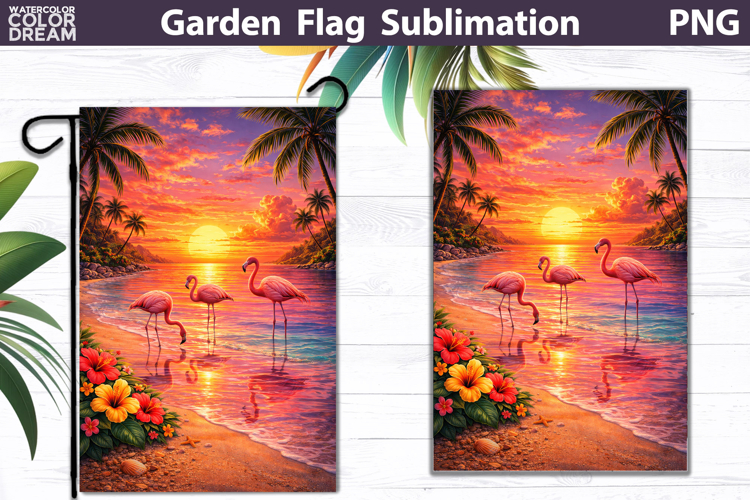 Flamingo Beach Sunset Flag | Tropical Garden Sublimation