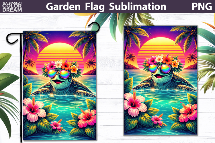 Sea Turtle Garden Flag | Tropical Sunset Floral
