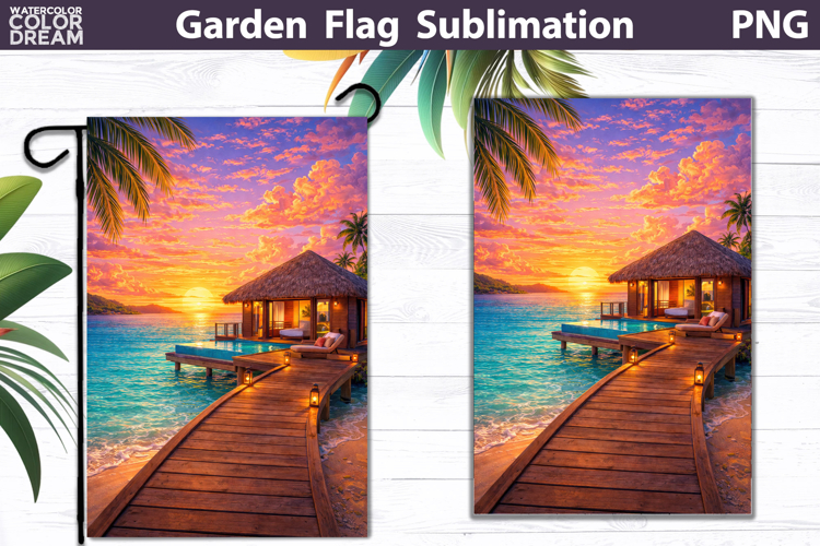 Tropical Overwater Bungalow Flag | Beach Garden Sublimation