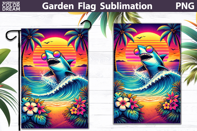 Shark Garden Flag | Tropical Sunset Ocean Sublimation
