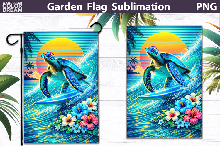 Surfing Turtle Garden Flag | Ocean Tropical Sunset