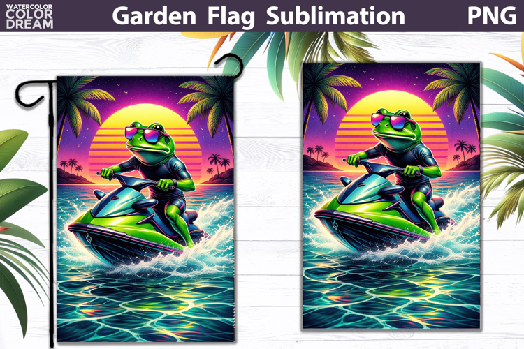 Frog Jet Ski Garden Flag | Tropical Sunset Ride