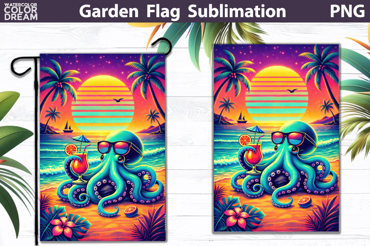 Octopus Cocktail Garden Flag | Tropical Sunset Beach