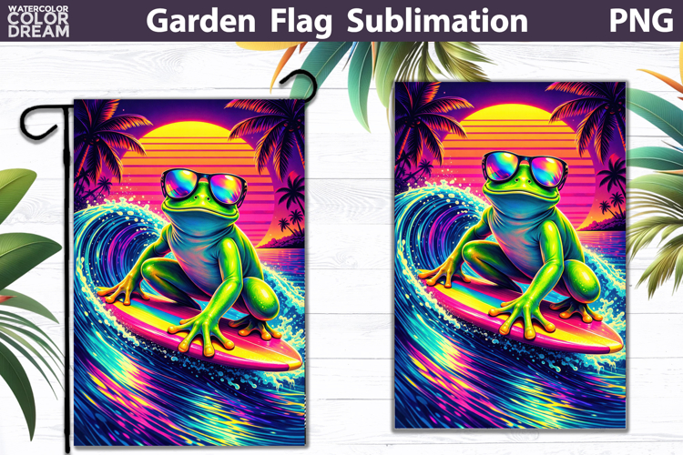 Surfing Frog Garden Flag | Neon Tropical Wave