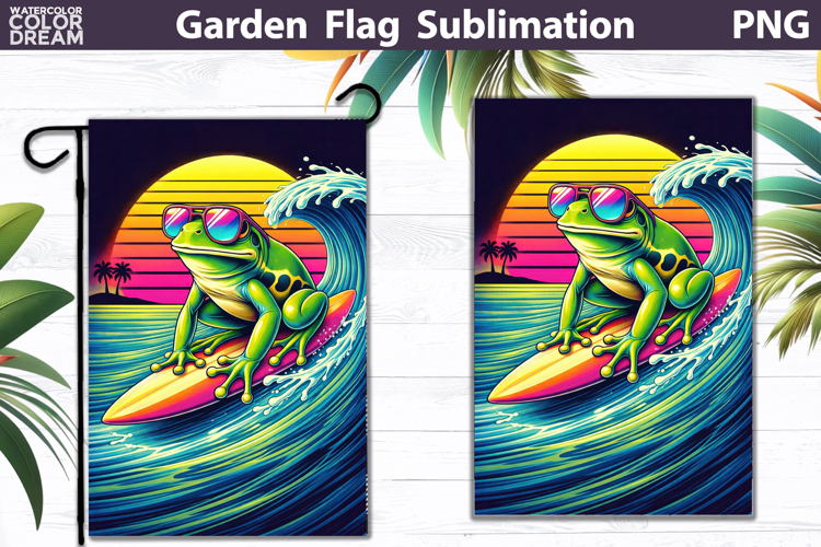 Surfing Frog Sunset Garden Flag | Retro Ocean Wave