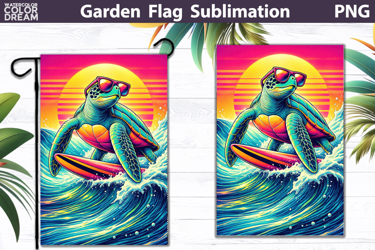 Surfing Sea Turtle Garden Flag | Retro Sunset Ocean