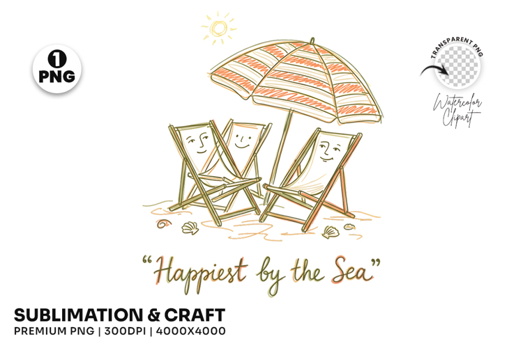 happiest by the sea, beach chair png, coastal summer png, seaside design png, beach sublimation, ocean lover design, summer shirt png, coastal t shirt png, vacation beach png, beach lover gift