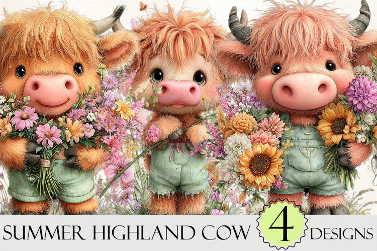 Watercolor Summer Highland Cow Clipart