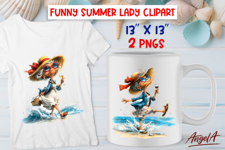 Summer vacation clipart Happy elderly lady with glass wine