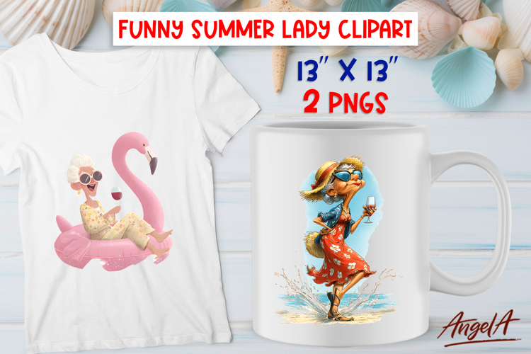 Summer vacation clipart Happy elderly lady Wine Flamingo PNG