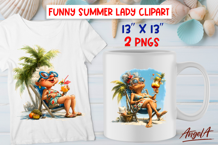 Summer vacation clipart elderly lady with cocktail relaxing