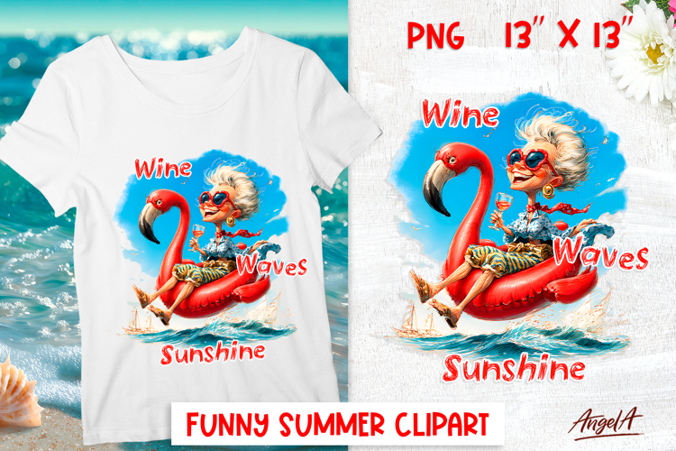 Summer vacation clipart Travel Elderly lady, wine Flamingo