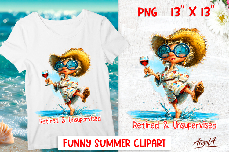 Summer vacation clipart Elderly lady wine on sea Grandma PNG