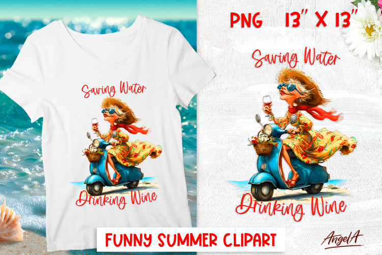 Summer vacation clipart Elderly lady on scooter with wine